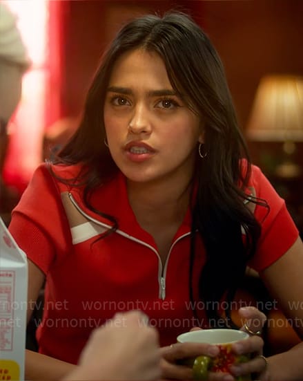 Noa’s red zip polo top on Pretty Little Liars Original Sin