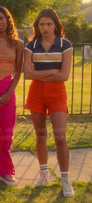 Noa’s navy stripe polo top and red denim shorts on Pretty Little Liars Original Sin