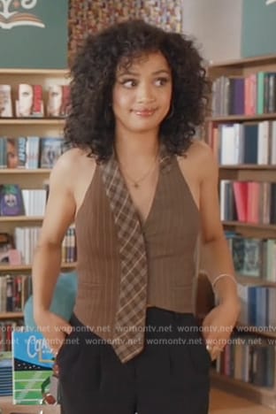Olivia’s brown pinstripe tie detail vest on All American