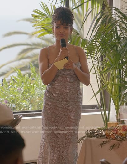 Olivia’s metallic floral lace dress on All American