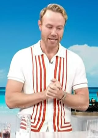 Paul Zahn’s white printed shirt on Access Hollywood