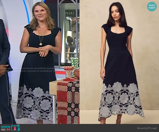 Pearl by Lela Rose Embroidered Fluid Crepe Full Skirt in Navy worn by Jenna Bush Hager on Today