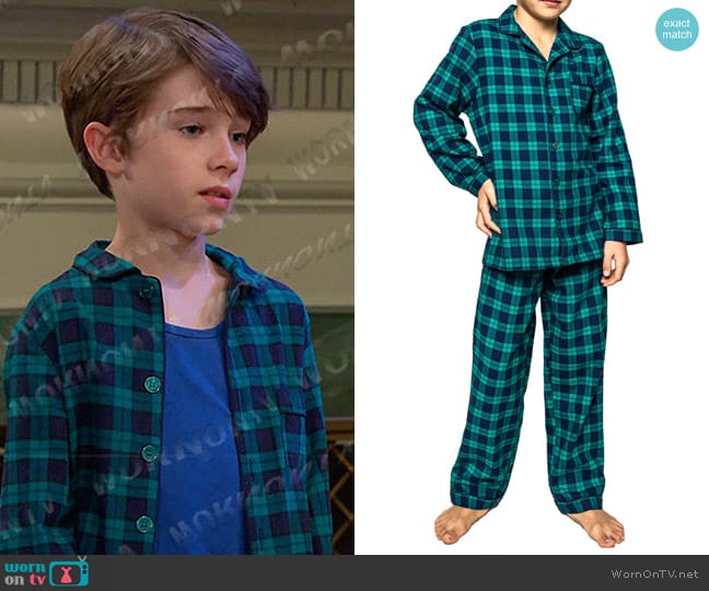 Petite Plume Kids' Highland Tartan Two-Piece Pajamas in Green worn by Thomas DiMera (Cary Christopher) on Days of our Lives