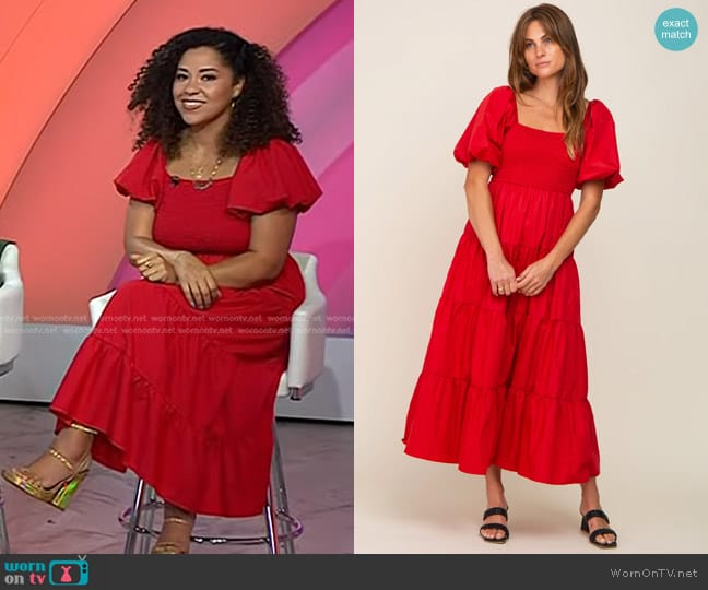 Pink Blush Square Neck Smocked Puff Short Sleeve Tiered Midi Dress in red worn by Arianna Davis on Today