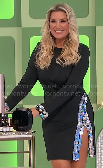 Rachel’s black long sleeved dress with silver embellished trim on The Price is Right
