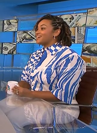 Rachel Rodgers’s blue mixed print shirt on NBC News Daily