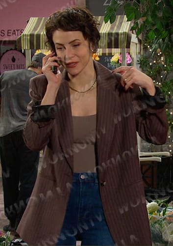 Sarah’s brown pinstripe blazer on Days of our Lives