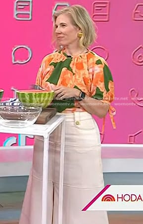 Sarah Clagett’s green floral top and white skirt on Today