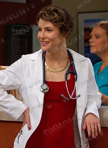 Sarah’s red ribbed square neck knit dress on Days of our Lives
