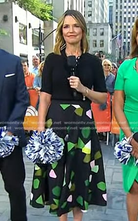 Savannah’s black polo and print midi skirt on Today