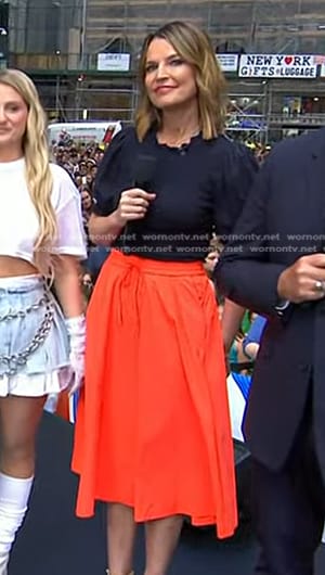 Savannah’s navy smocked top and midi skirt on Today