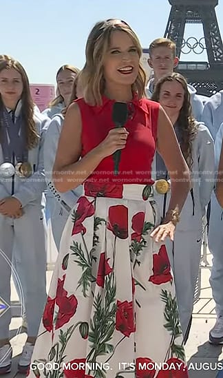 Savannah’s red sleeveless polo and floral print skirt on Today
