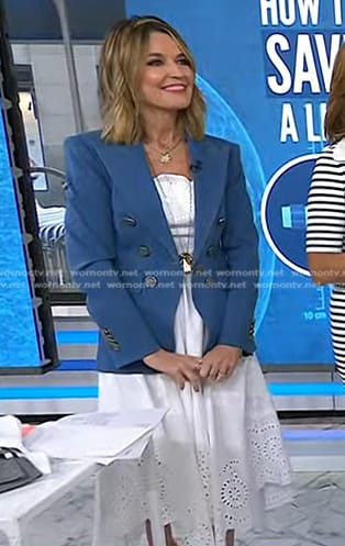 Savannah’s white embroidered scalloped dress and blue blazer on Today