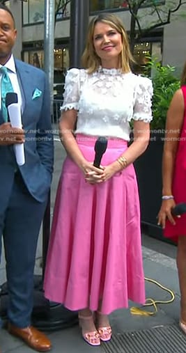 Savannah’s white floral applique top and pink skirt on Today