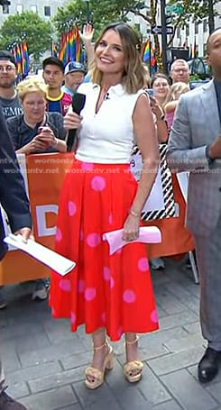 Savannah’s white sleeveless top and red polka dot skirt on Today