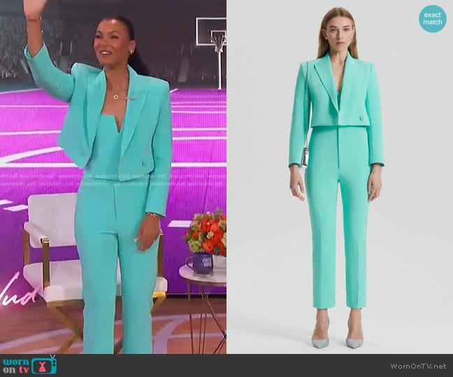 Scanlan Theodore Tailored Crop Jacket in Turquoise worn by Malika Andrews on The Jennifer Hudson Show