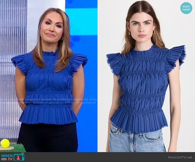 Sea Greir Pleating Flutter Sleeve Top in Blue worn by Lori Bergamotto on Good Morning America