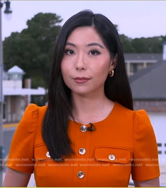 Selina Wang’s orange button front sheath dress on Good Morning America