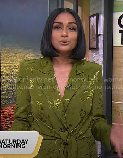 Shanelle Kaul’s green floral tie waist blazer on CBS Mornings