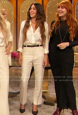 Shani Darden’s pinstripe blouse and pants on The Drew Barrymore Show