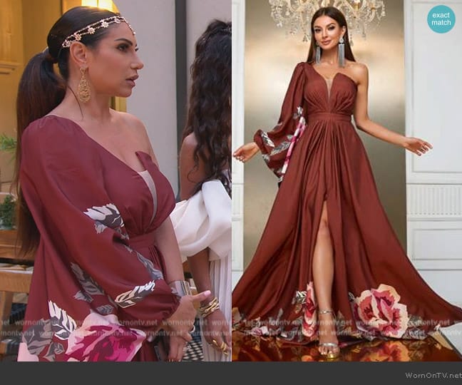 Shein Giffniseti Floral Printed Chiffon One-Shoulder Long Dress worn by Jennifer Aydin on The Real Housewives of New Jersey