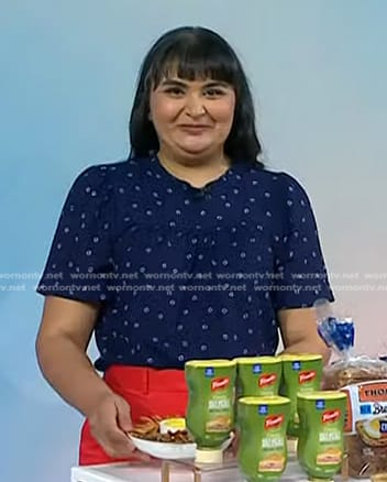Sonal Dutt’s navy print short sleeve top on Today