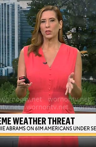 Stephanie Abrams’ coral v-neck button front dress on CBS Mornings