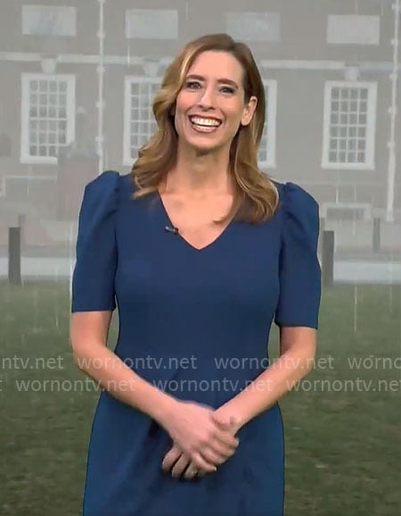 Stephanie Abrams’ teal puff sleeve dress on CBS Mornings
