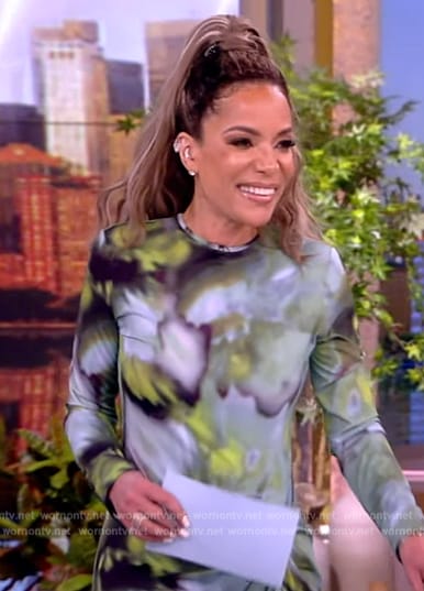 Sunny’s green floral ruched mesh dress on The View
