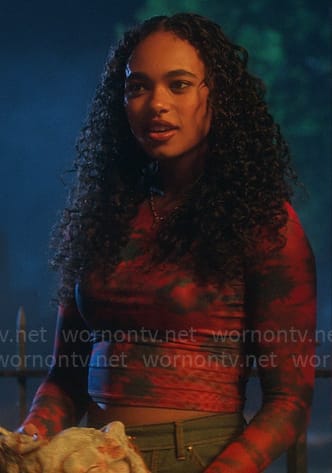 Tabby’s red printed mesh top on Pretty Little Liars Original Sin