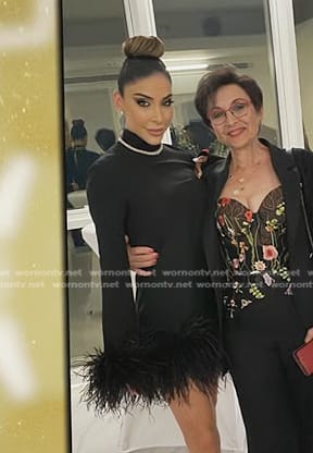 Taleen’s black feather trim dress on The Real Housewives of Dubai
