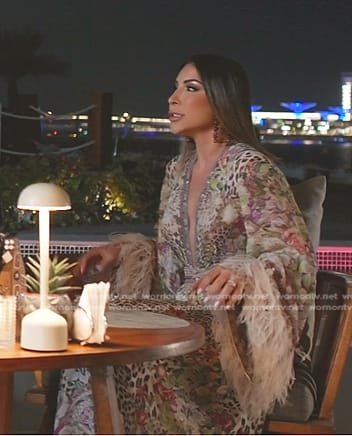 Taleen’s animal print feather trim dress on The Real Housewives of Dubai