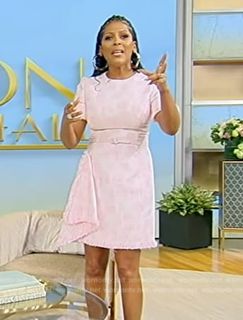 Tamron’s pink asymmetric tweed dress on Tamron Hall Show