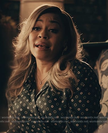 Tracey’s green printed tie neck blouse on The Chi