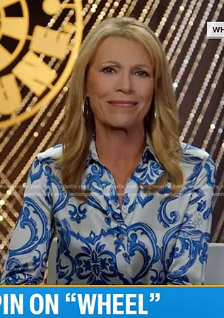 Vanna White’s white and blue printed blouse on Today