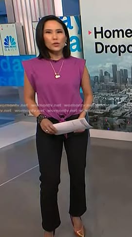 Vicky’s purple tie front top and pumps on NBC News Daily