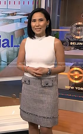 Vicky’s white top and tweed mini skirt on NBC News Daily