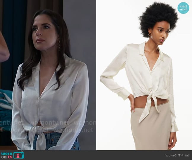 Wilfred Tie-Front Satin Blouse in Light Birch worn by Sam McCall (Kelly Monaco) on General Hospital