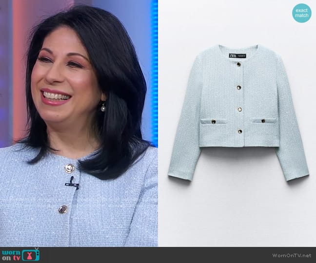 Zara Structured Round Neck Blazer in Blue/White worn by Alexis Christoforous on Good Morning America