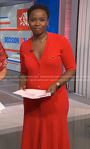Zinhle’s red ribbed button front dress on NBC News Daily