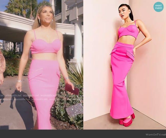 ASOS Bralette Top and Midi Skirt in hot pink worn by Alexis Bellino on The Real Housewives of Orange County