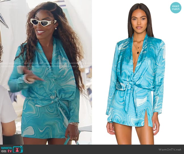 Amanda Uprichard Laurie Top in Teal Swirl worn by Caroline Brooks (Caroline Brooks) on The Real Housewives of Dubai