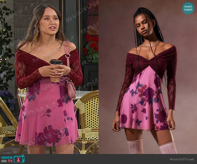 Kimchi Blue Sydney Off-The-Shoulder Mini Dress in Pink Combo worn by Sophia (Madelyn Kientz) on Days of our Lives