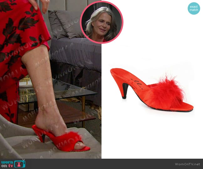 Ellie Shoes Satin Maribou Slippers in Red worn by Fiona Cook (Serena Scott Thomas) on Days of our Lives