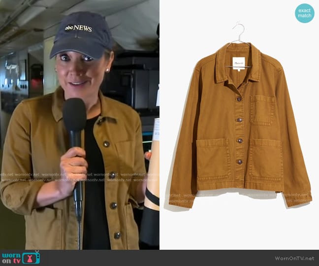 Madewell Garment-Dyed Ashwood Chore Coat in Dark Tobacco worn by Ginger Zee on Good Morning America