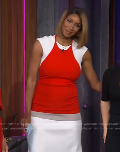 Maria Taylor’s red and white colorblock dress on The Kelly Clarkson Show