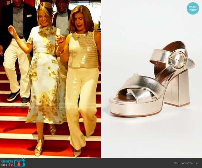 See by Chloe Lyna Heeled Sandals in Light Gold worn by Savannah Guthrie on Today