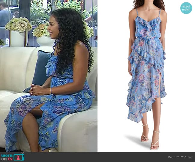 Steve Madden Delphine Floral Print Ruffle Sleeveless Chiffon Midi Dress in Azure Blue worn by Niro Feliciano on Today