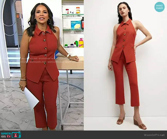 Veronica Beard Orlinda Vest in Brick Red worn by Laura Jarrett on Today