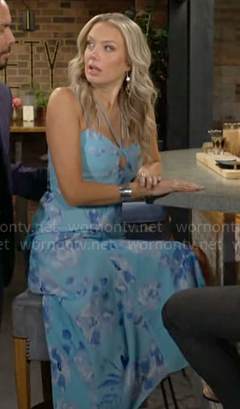 Abby’s blue floral halter neck midi dress on The Young and the Restless
